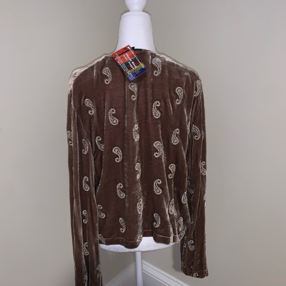 NWT folk bell sleeve velvet embroidered artwear taupe cardigan - Picture 2 of 4